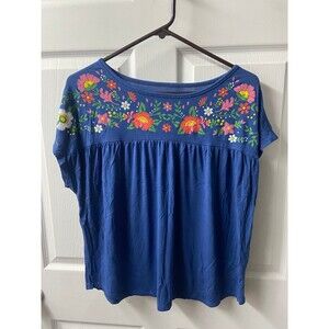 ECLA Top Womens Xl Blue Floral Bohoh Floral Print Round Neck Casual Tagless